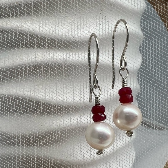 ARTISAN Ruby & Freshwater Pearl Sterling Silver Earrings - Picture 12 of 12